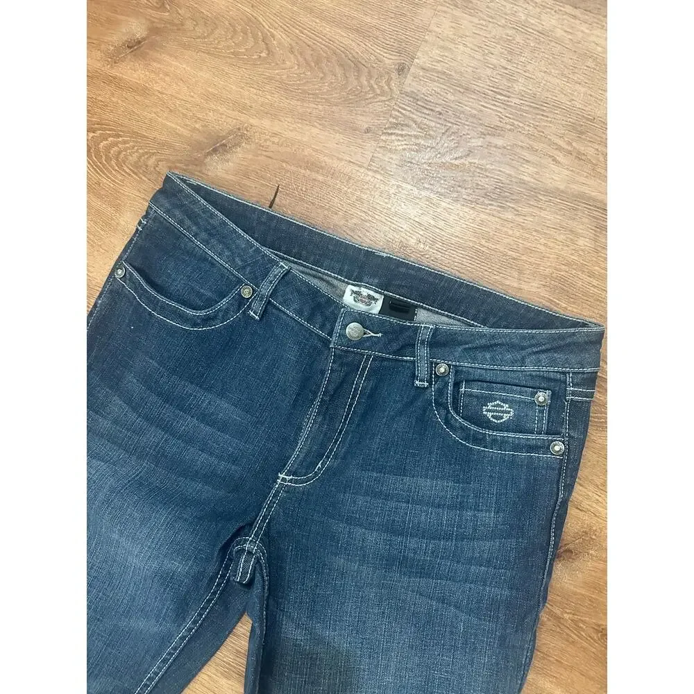 Harley Davidson Bootcut Y2K Bling Jeans Sz 12 Dark Wash 32 Inseam - Excellent - Picture 3 of 10